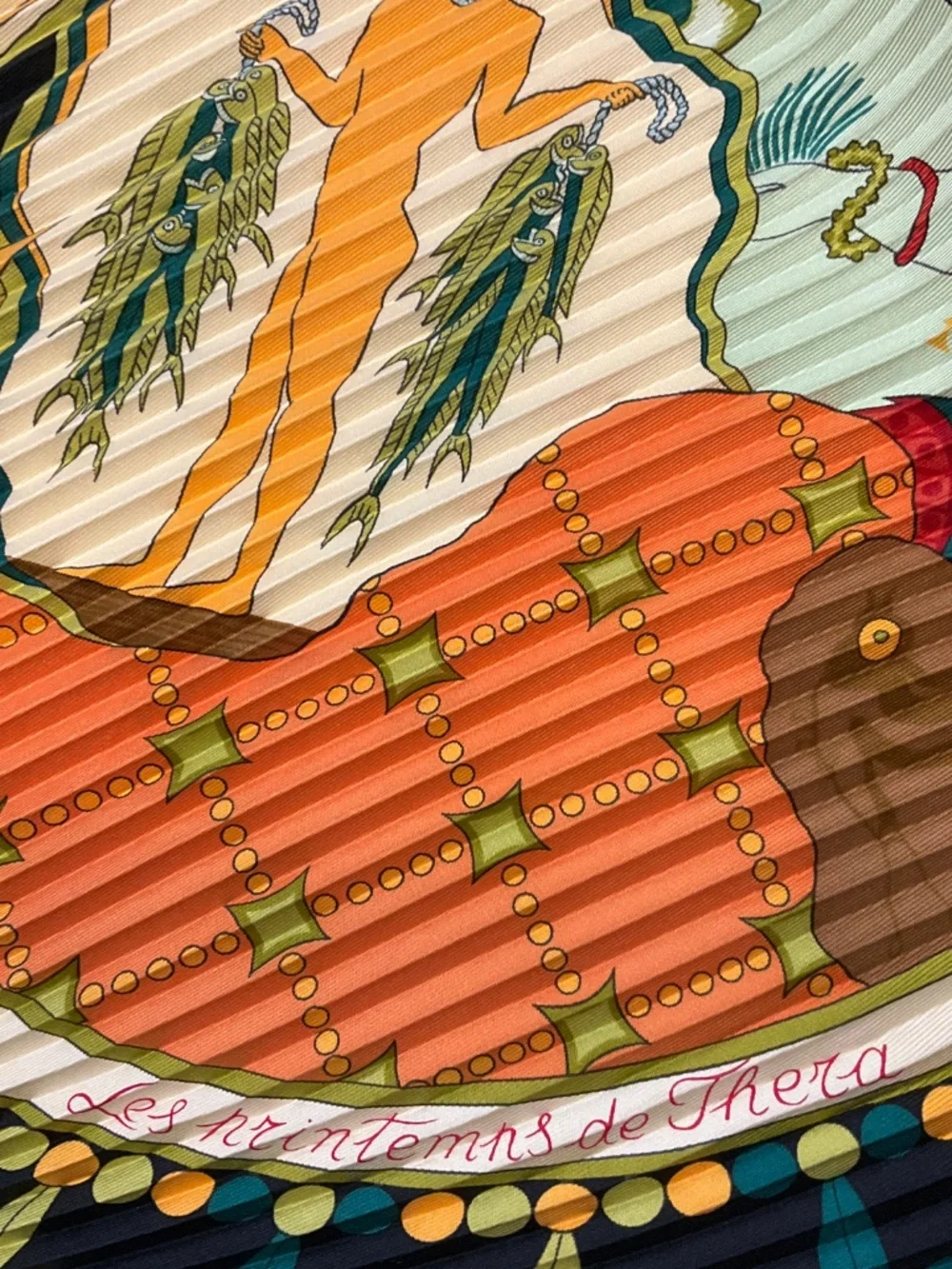 HERMES BLACK MULTI LES PRINTEMPS DE THERA PRINT PLISSE PLEATED SILK TWILL SCARF